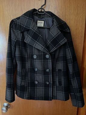 Old Navy Black and Gray Plaid Double-Breasted Peacoat